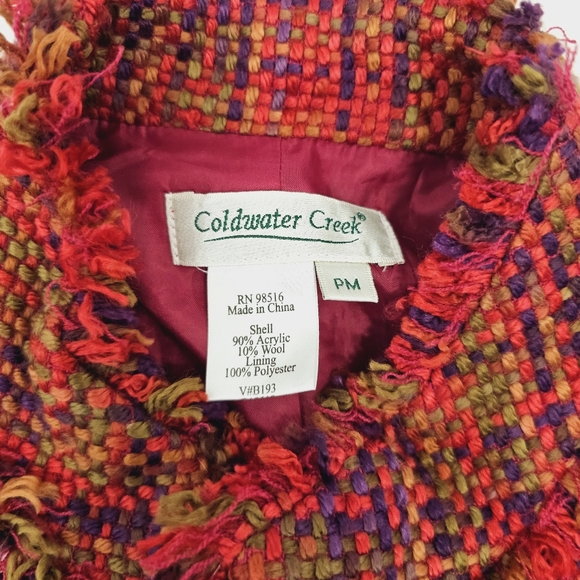 Coldwater Creek Woven Blazer Petite Medium Fringe Pink Purple Green Open Front - Picture 2 of 7
